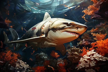 珊瑚丛里的鲨鱼背景图片