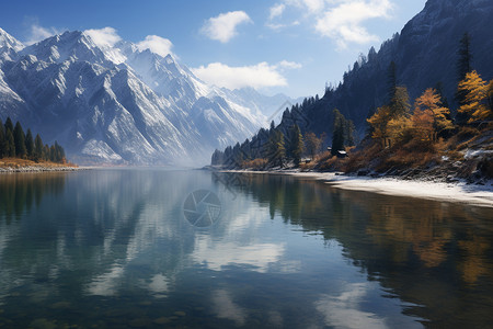 湖泊上倒映的风景图片