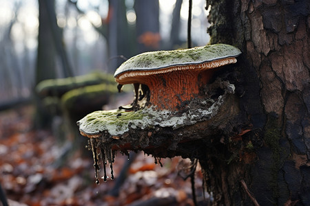 依靠着大树大树上长着一朵蘑菇背景