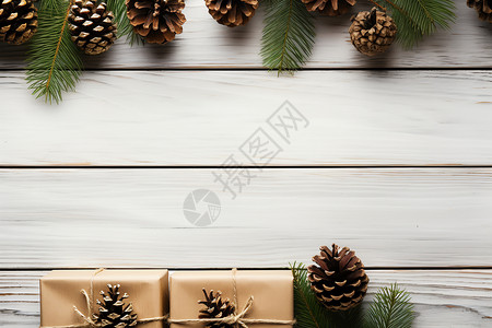 松树与松果圣诞节礼物与松果背景