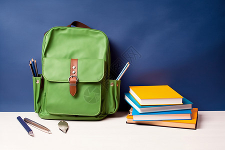 桌上的绿色书包背景图片