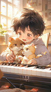 钢琴和猫素材阳光下的小男孩插画