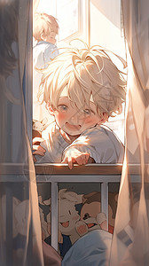 窗边微笑的男孩背景图片