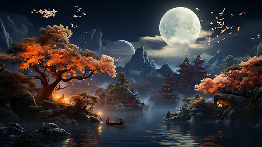 中秋景色夜晚月亮下的景色插画