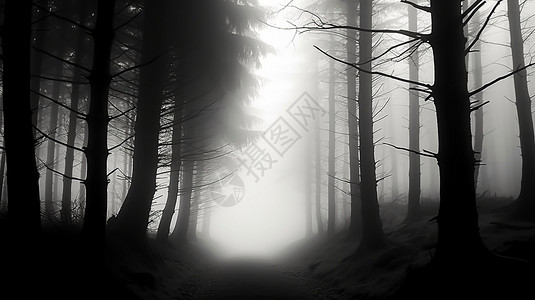 浓浓的大雾弥漫着整个森林图片