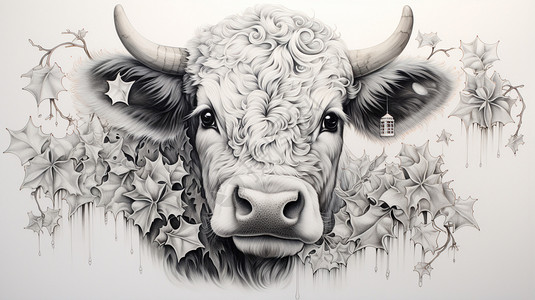 黑白素描的牛头图片