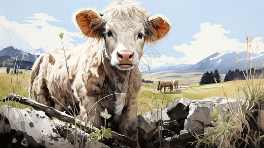 艺术生开学日天空下站立的牛插画