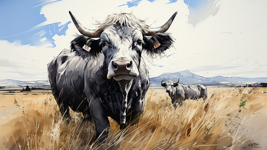 干煸牛肉丝草地上的牛插画
