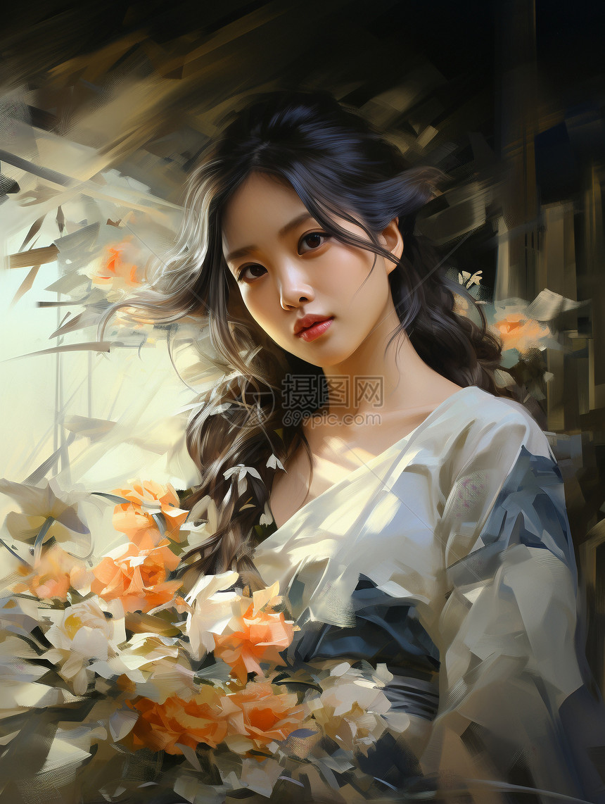 少女拿着鲜花的绘画图片