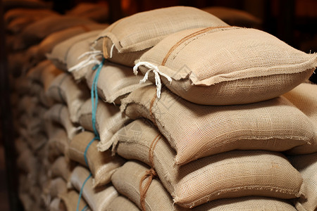 储存粮食米袋堆在仓库里背景