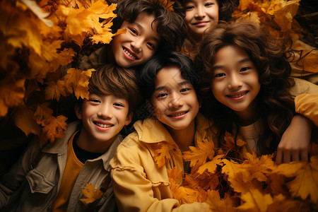 秋叶飞舞下的孩子们图片