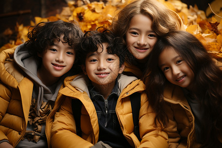 秋叶堆旁发一群孩子背景图片