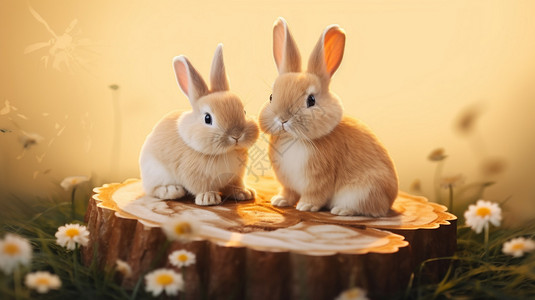 鲜花簇拥的两只兔子图片