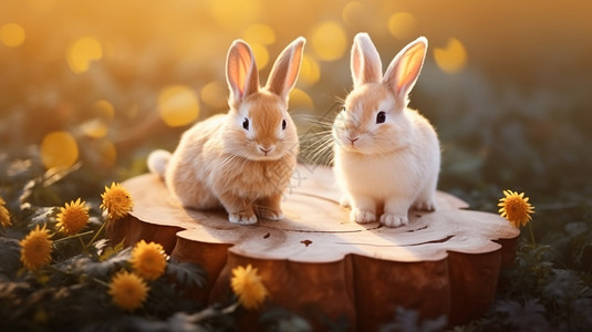 可爱阳光素材木桩上的两只兔子设计图片