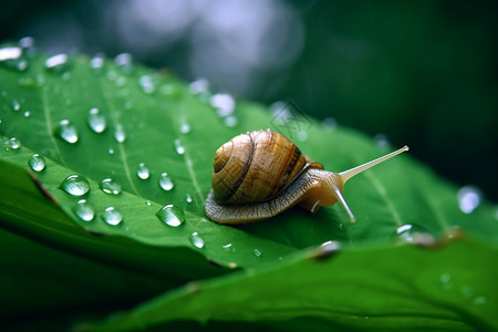 绿叶上的小蜗牛背景图片