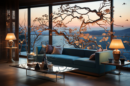 窗边桌子窗边的蓝色沙发设计图片