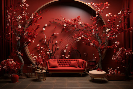 喜庆客厅红墙下的沙发设计图片