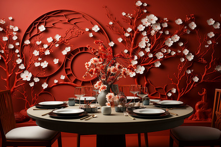 结婚大素材红色墙边的桌子设计图片