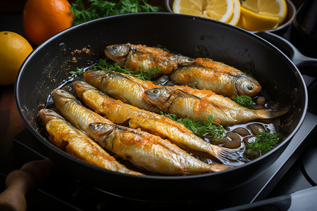 沙丁鱼素材铁锅里的煎沙丁鱼背景