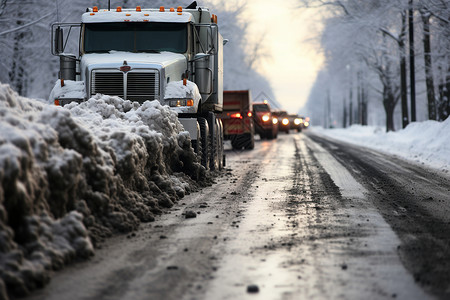 大雪路上雪地中的卡车行驶背景