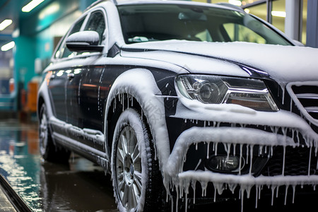 冰湖上车子用水管和喷雾器清洗车子背景