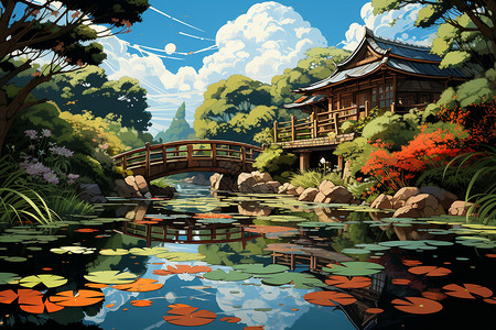 小桥下的静谧池塘背景图片