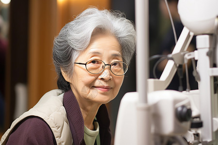 高龄津贴老年妇女在检查设备背景
