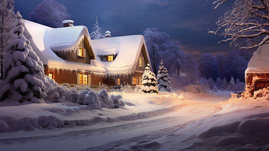 圣诞节到了大雪覆盖在了房子和道路上背景