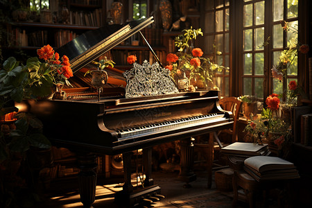 曲子鲜花旁的钢琴背景