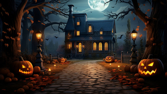 夜幕下的南瓜灯图片月色下的房子插画