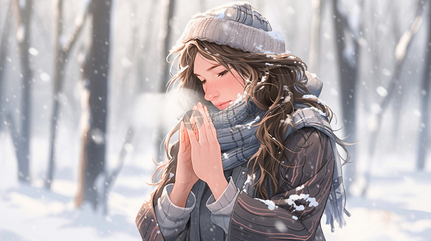 雪地中祈祷的女孩图片