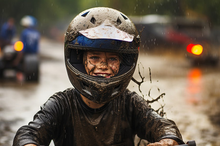 快乐头盔驾驶摩托车的孩子背景