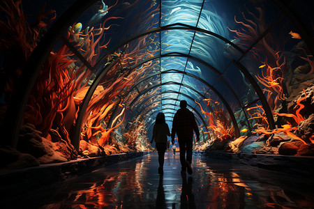 游客穿过海底隧道插画