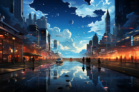 霓虹广告蓝天下的城市插画