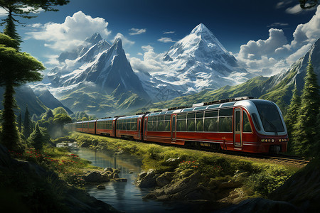 氢动力列车穿过风景如画的山水图片
