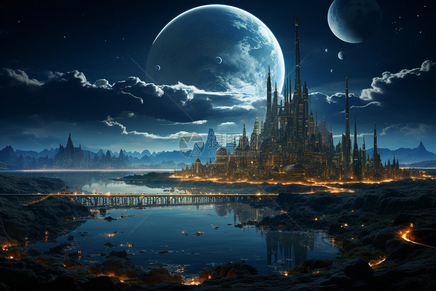 月亮下的未来城市图片