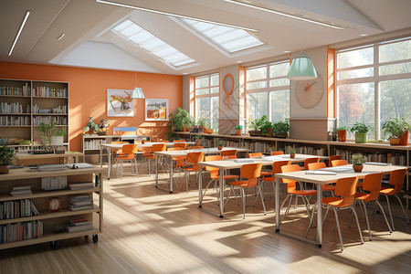 橙色桌椅心灵交汇的教室背景