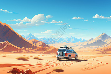 毛乌素沙地车辆穿行的沙漠插画