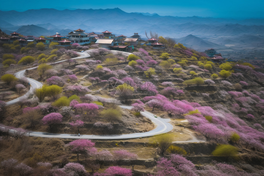 桃花盛开的山间图片