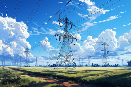 云基础设施矗立在户外的电力设施插画