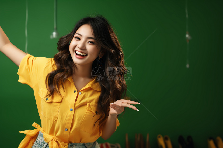 黄色衬衫的女孩站在黑板前图片