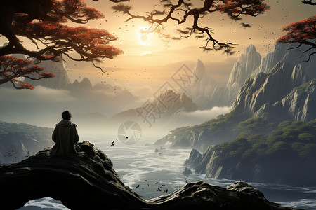 坐在湖边日落前的山川风景设计图片