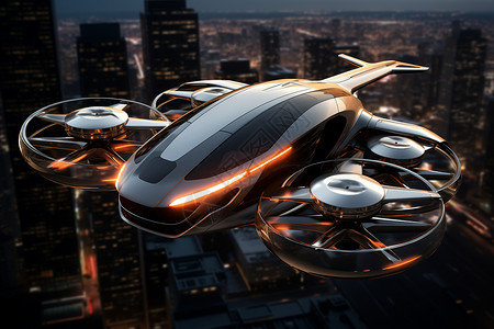 汽车轮子无人机飞行在城市上空设计图片