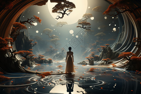 在湖面游船女子站在月光下平静的湖面边设计图片