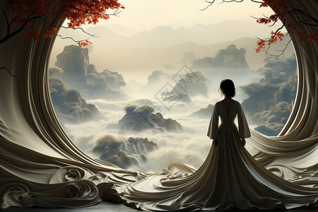 油画风景背景女子在山水画背景前面设计图片