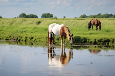 草原上喝水的马高清图片