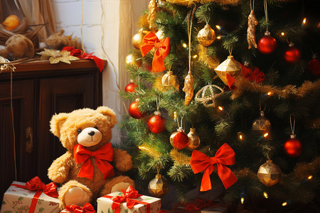 蝴蝶结铃铛装饰挂满铃铛的圣诞树背景