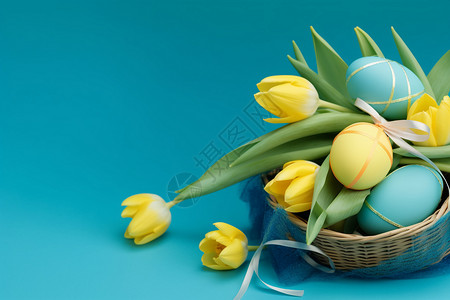 丝带缠绕花篮和复活节彩蛋背景图片