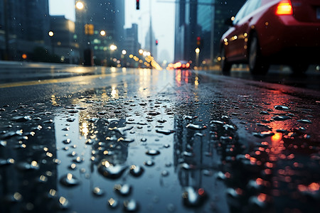 绣球在雨中湿润雨中泛着红光的城市背景