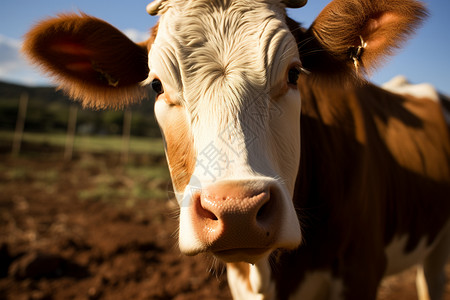 牧场上的棕白色奶牛背景图片